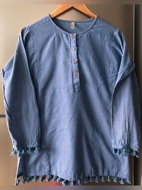Embellish Blue Cotton Tassel Tunic Top Small Boho Peasant Blouse